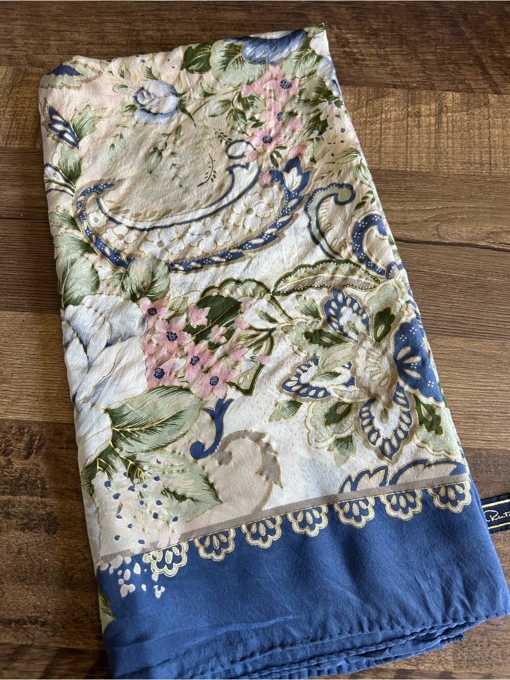 Vintage Oscar de la Renta Silk Floral Scarf Blue Pink Paisley 30x30